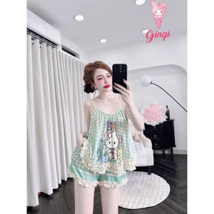 Đồ nữ mặc nhà áo 2 dây quần ngắn phối viền bèo hoạ tiết dễ thương chất lụa latin