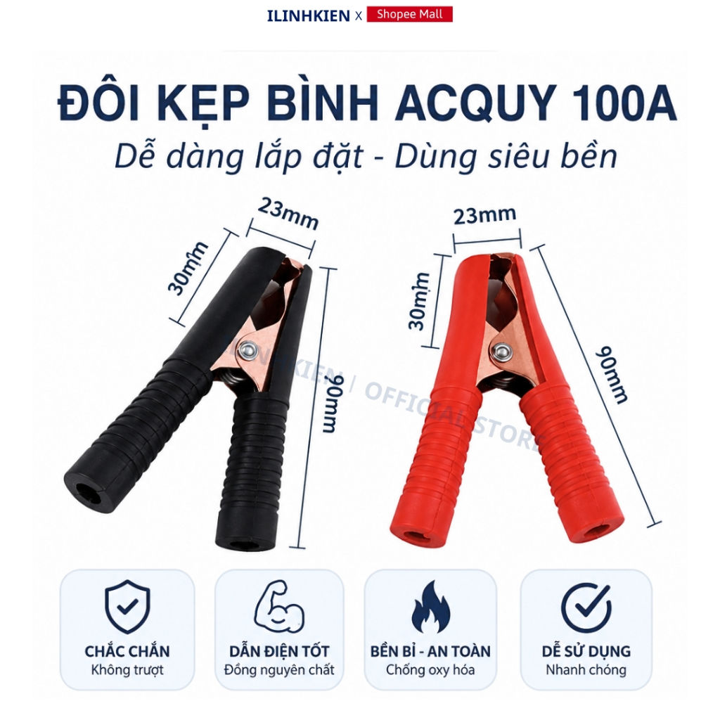 Kẹp bình acquy 50A 100A dày 0.6mm (đen + đỏ) chất lượng cao ilinhkien.