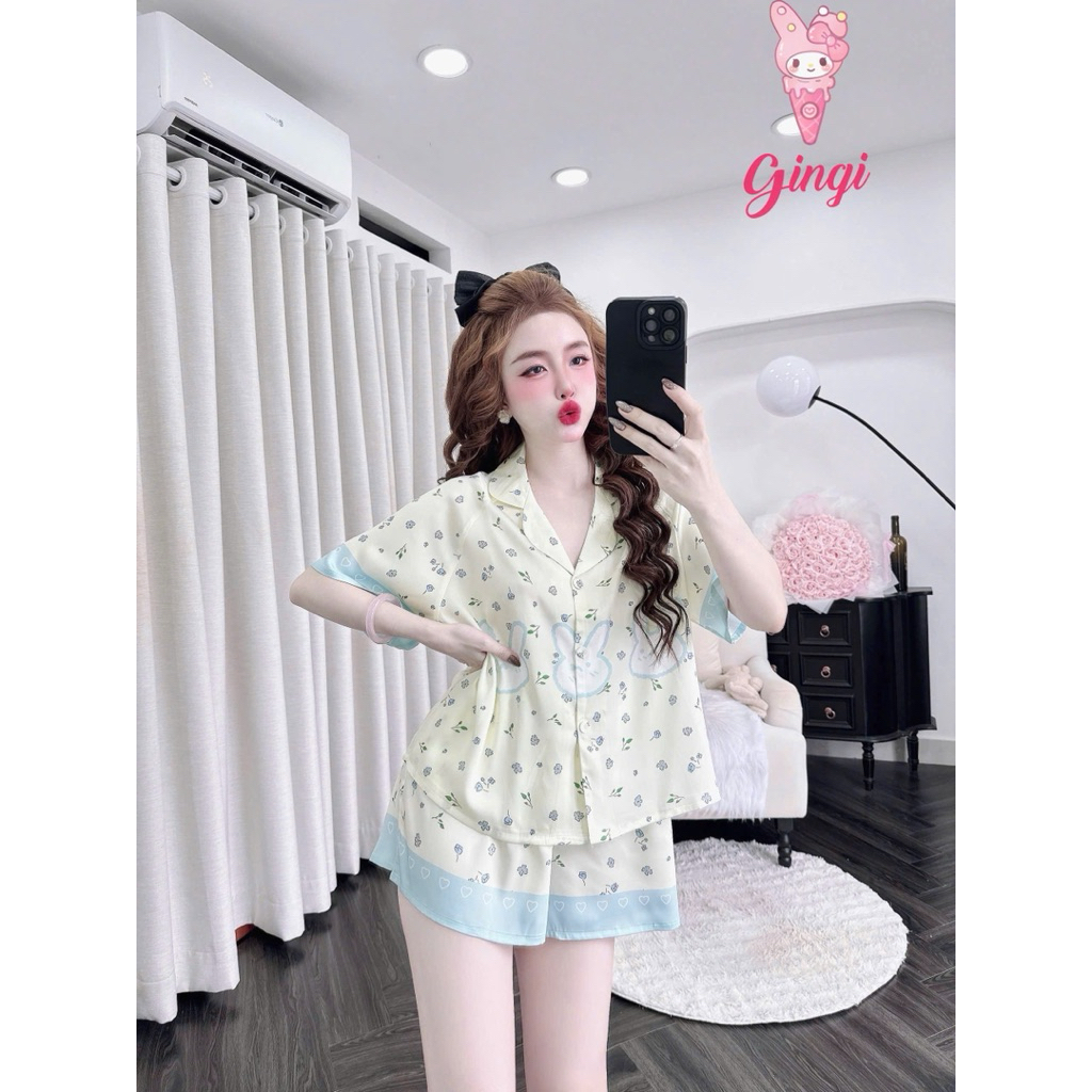 [ Size40-60kg Đồ Ngắn250524 ]Đồ nữ mặc nhà áo tay ngắn quần ngắn phối hoạ tiết xinh xắn đáng yêu chất lụa latin cao cấp