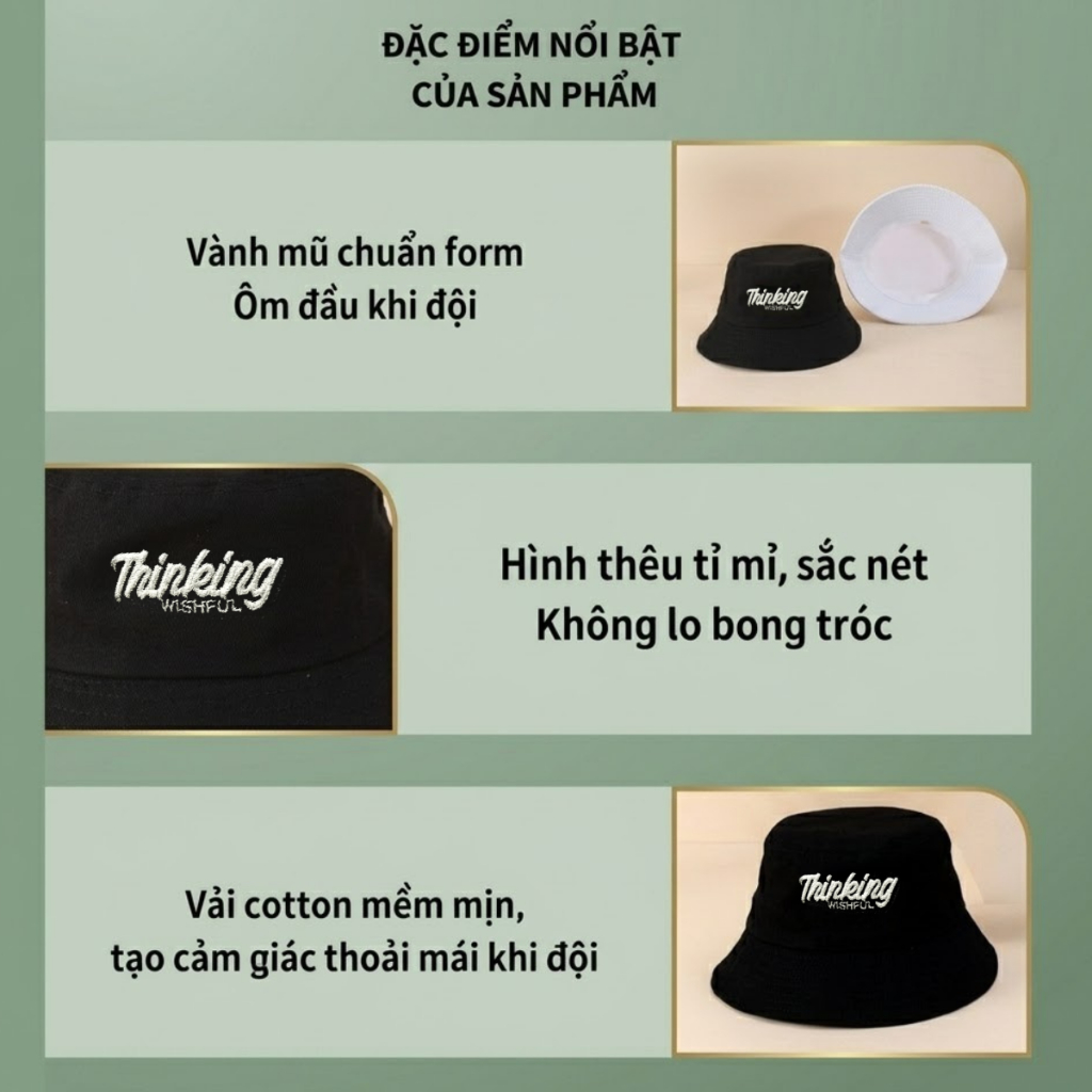 Mũ bucket vành cụp Thinking, nón tai bèo chất vải kaki dày mịn form unisex thời trang phong cách Hàn Quốc