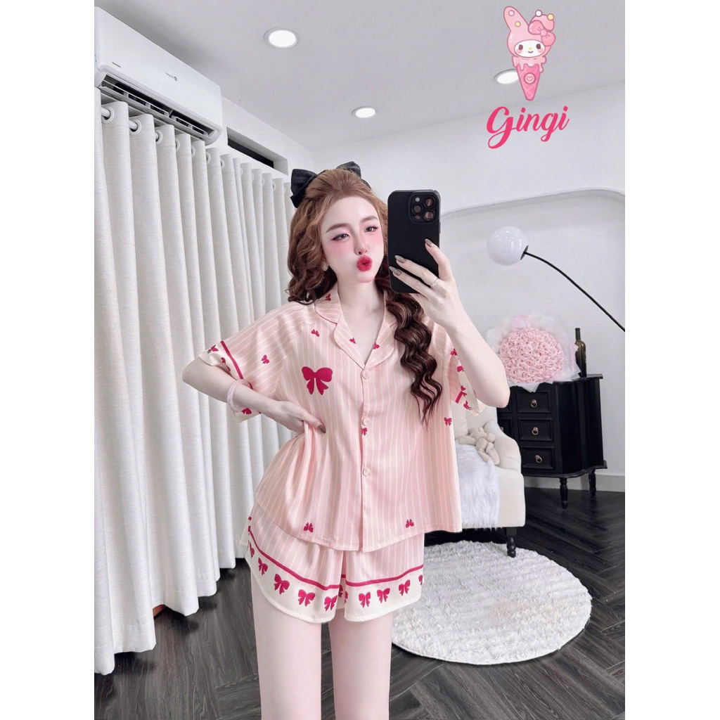[ Size40-60kg Đồ Ngắn250524 ]Đồ nữ mặc nhà áo tay ngắn quần ngắn phối hoạ tiết xinh xắn đáng yêu chất lụa latin cao cấp