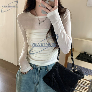 VM-Áo thun dài tay lưới Áo ngắn thời trang nữ Áo thun dài tay nữ mỏng nhẹ ôm sát xếp ly cổ tròn