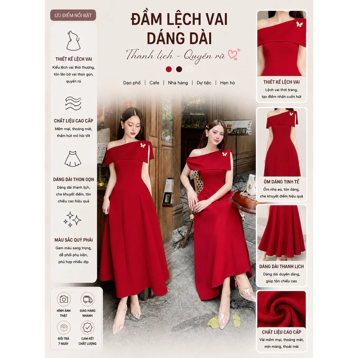 Đầm Đỏ thiết kế lệch vai dáng xoè sang trọng.Đầm đi tiệc dáng xoè lệch vai thời trang TẶNG TAG CÀI.Đầm đỏ mặc Tết, Noenl