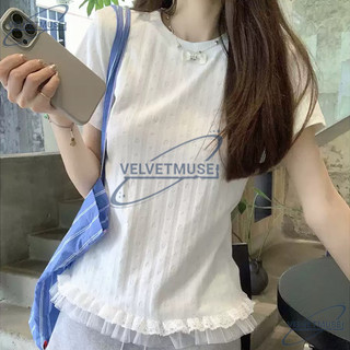 VM-Áo Thun Ngắn Tay Ren Ren Đơn Giản Jacquard Phiên Bản Hàn Quốc
