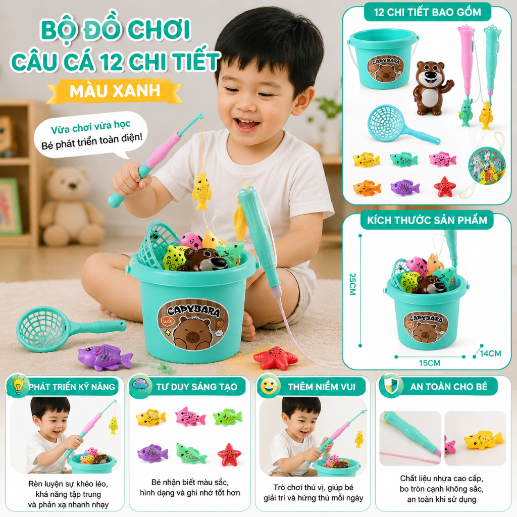 Bộ Đồ Chơi Câu Cá 12 Chi Tiết Cho Bé – Cần Câu Nam Châm, Xô Cá Mini Phát Triển Tư Duy