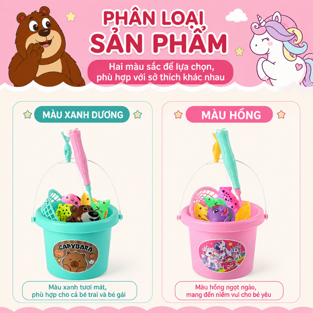 Bộ Đồ Chơi Câu Cá 12 Chi Tiết Cho Bé – Cần Câu Nam Châm, Xô Cá Mini Phát Triển Tư Duy