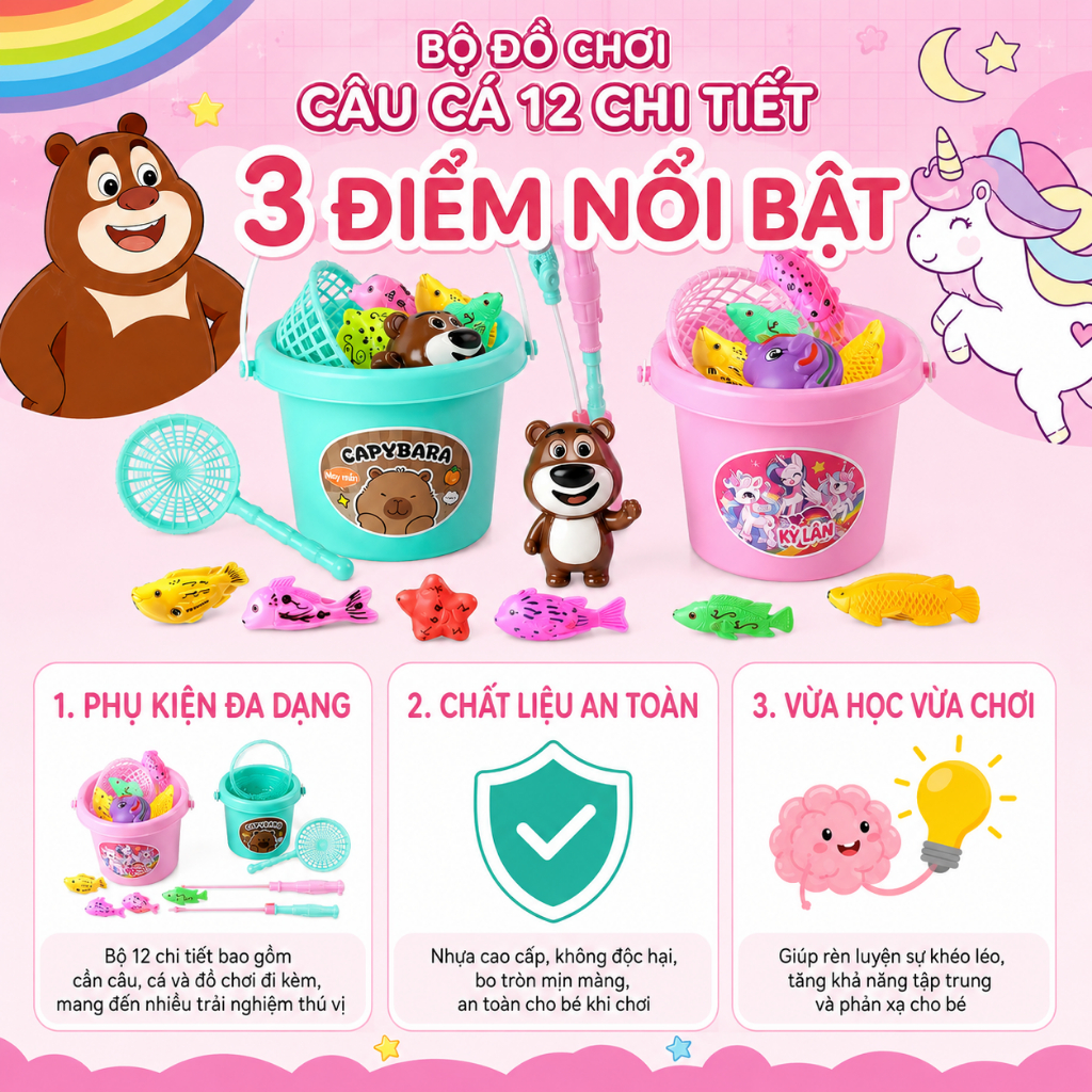 Bộ Đồ Chơi Câu Cá 12 Chi Tiết Cho Bé – Cần Câu Nam Châm, Xô Cá Mini Phát Triển Tư Duy