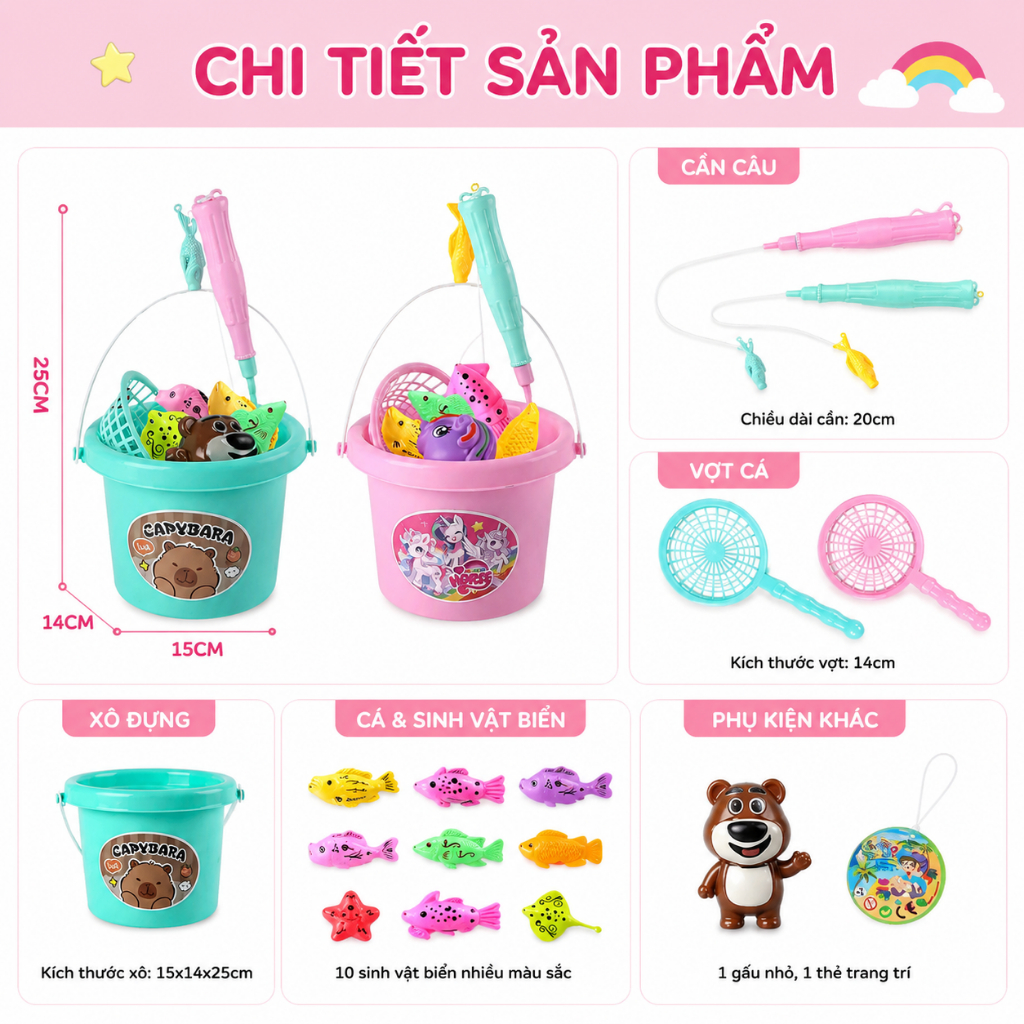 Bộ Đồ Chơi Câu Cá 12 Chi Tiết Cho Bé – Cần Câu Nam Châm, Xô Cá Mini Phát Triển Tư Duy