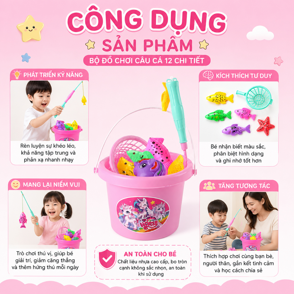 Bộ Đồ Chơi Câu Cá 12 Chi Tiết Cho Bé – Cần Câu Nam Châm, Xô Cá Mini Phát Triển Tư Duy