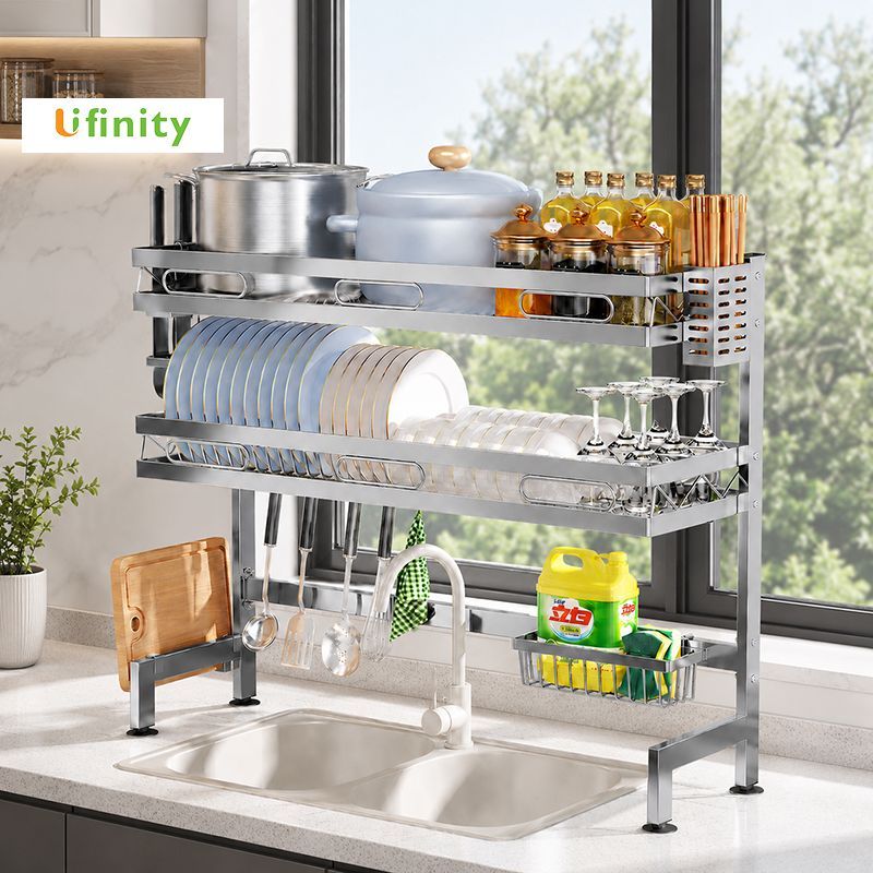 Lifinity Kệ Bồn Rửa Chén Inox 2 Tầng Đa Năng Có Khay Dao Thớt Giá Úp Ly Chén Bát