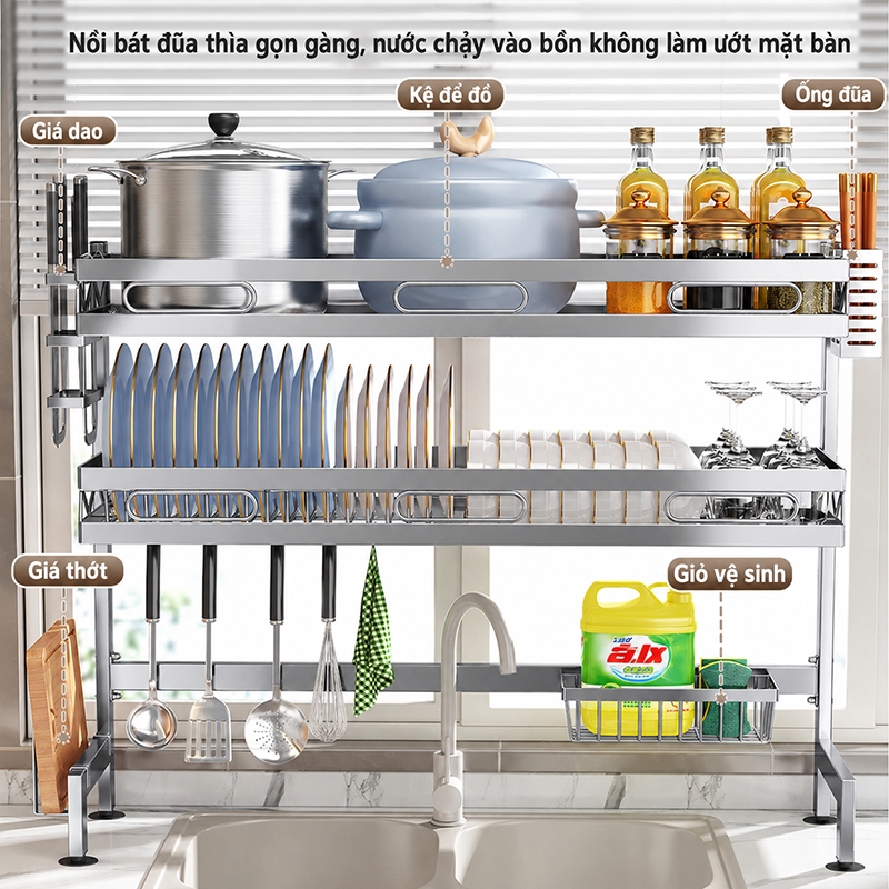 Lifinity Kệ Bồn Rửa Chén Inox 2 Tầng Đa Năng Có Khay Dao Thớt Giá Úp Ly Chén Bát