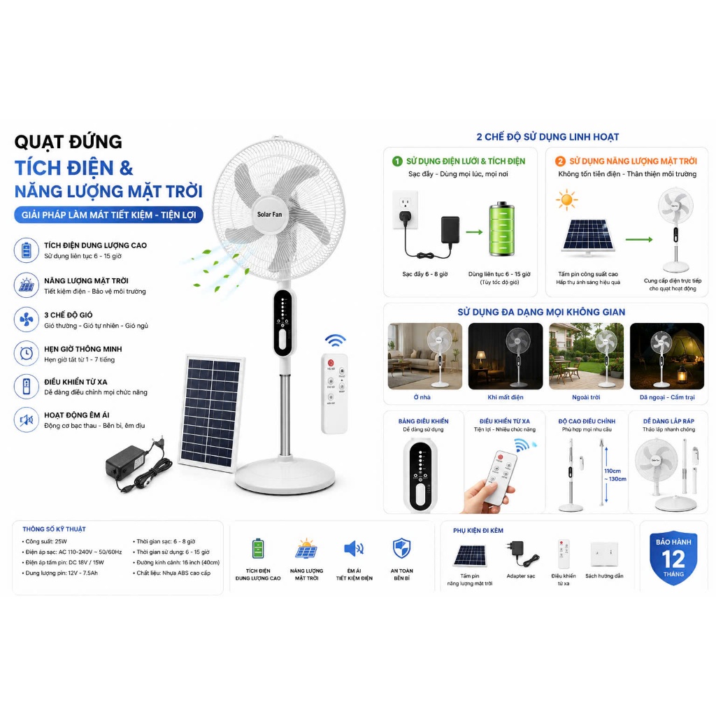 Quạt Năng Lượng Mặt Trời Anhlinh Quạt Tích Điện Mẫu Mới 2025 Có Đèn Led Sạc Điện Thoại Củ Sạc 220V