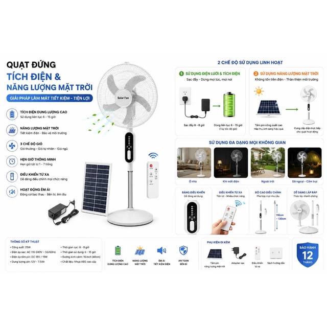 Quạt Năng Lượng Mặt Trời Anhlinh Quạt Tích Điện, Quạt Sạc Điện Thoại 220V Có Đèn LED, Remote Điều Khiển, Tiết Kiệm Điện