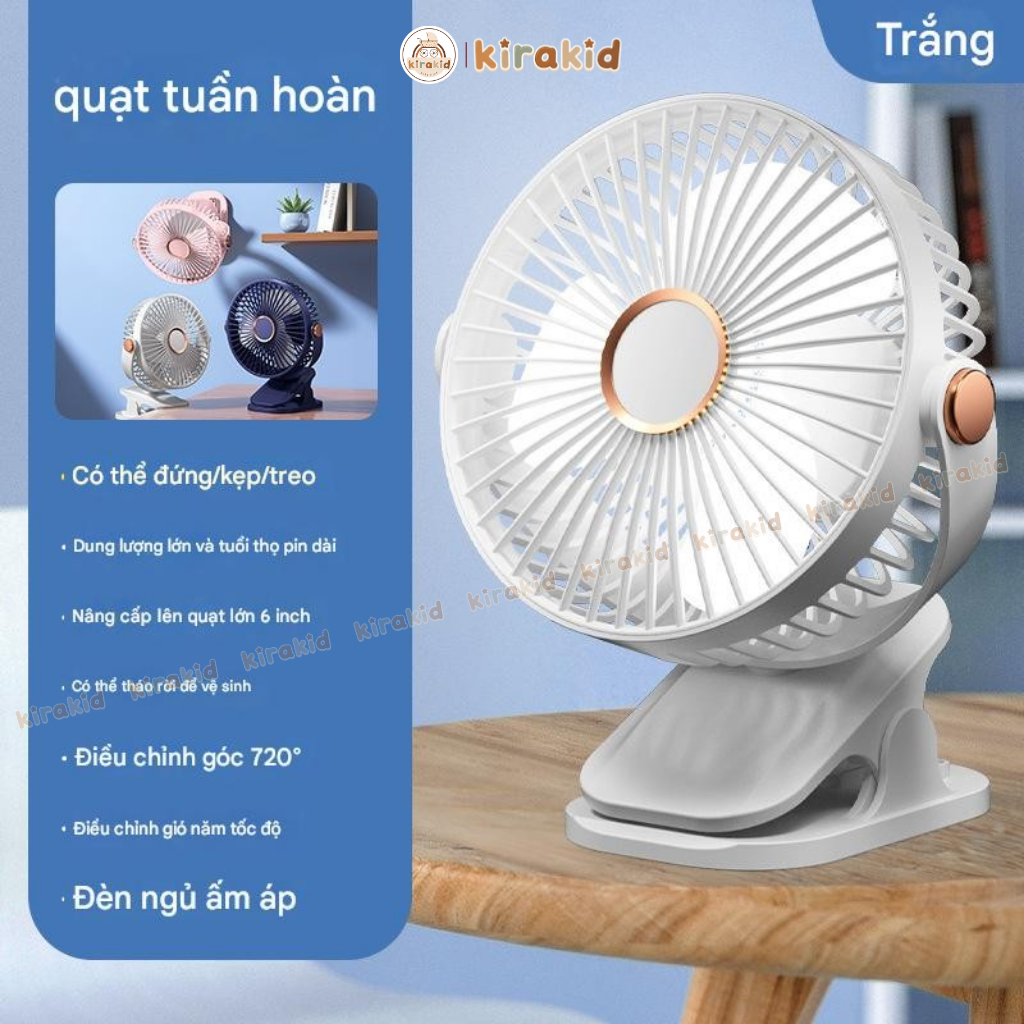 Quạt Tích Điện Kẹp Xe Đẩy Cho Bé, Để Bàn, Kẹp Bàn Có Đèn [Hàng Loại 1 - Hàng Loại 2]