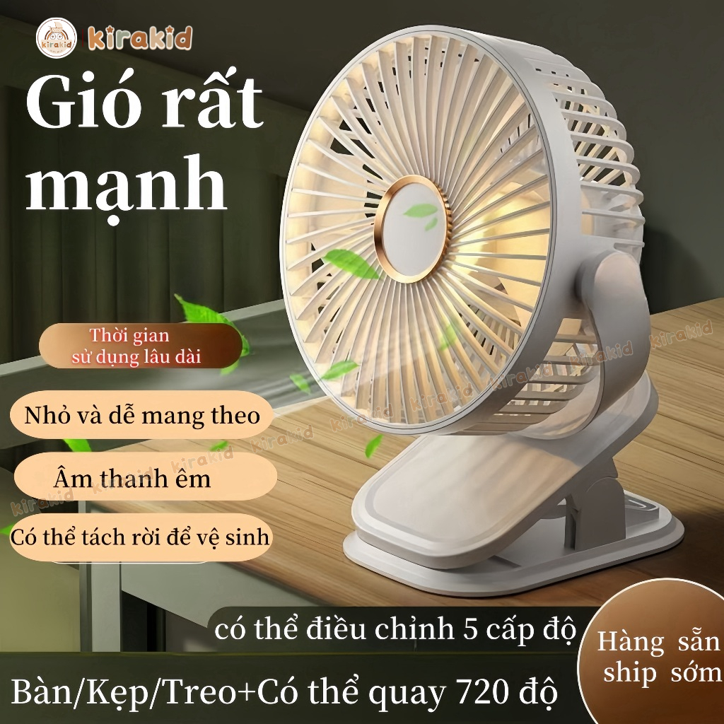 Quạt Tích Điện Kẹp Xe Đẩy Cho Bé, Để Bàn, Kẹp Bàn Có Đèn [Hàng Loại 1 - Hàng Loại 2]
