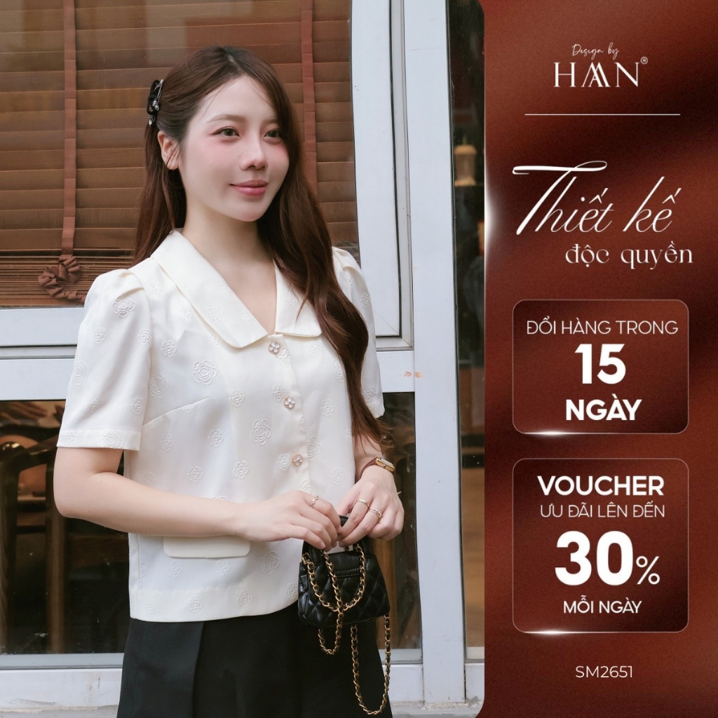 Áo Sơ Mi Nữ Ngắn Tay Màu Kem Họa Tiết Hoa Trà Thiết Kế Đi Làm Đi Chơi - HAAN Design SM2651
