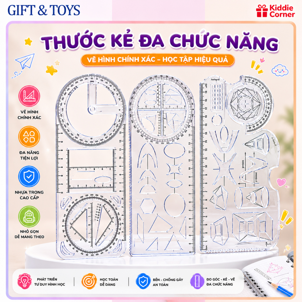 Thước kẻ nhựa a chức nng trong sut 5in1 KIDDIE CORNER vẽ nhiều hình học tiện dụng cho học sinh