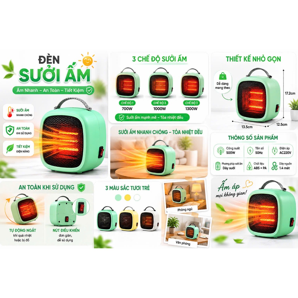 Quạt Sưởi Mini GongYi Máy Sưởi Ấm Để Bàn Treo Tường Công Suất 500W Nhỏ Gọn Tiện Lợi Freeship