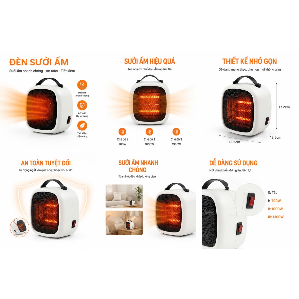Quạt Sưởi Mini GongYi Máy Sưởi Ấm Để Bàn Treo Tường Công Suất 500W Nhỏ Gọn Tiện Lợi Freeship