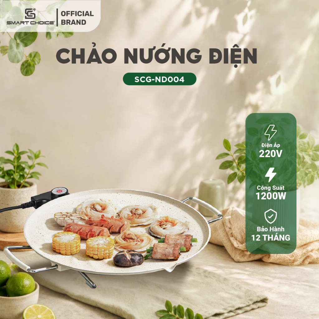 Bếp Nướng Điện Ceramic SmartChoice SCG-ND004, Chảo Nướng Điện 1200W Đường Kính 35cm Chống Dính Tốt