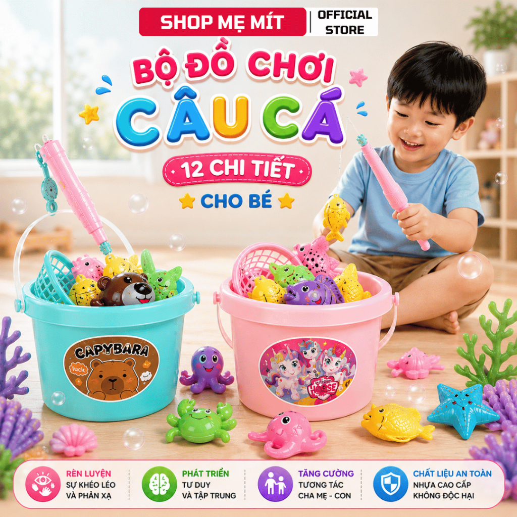 Bộ Đồ Chơi Câu Cá 12 Chi Tiết Cho Bé – Cần Câu Nam Châm, Xô Cá Mini Phát Triển Tư Duy