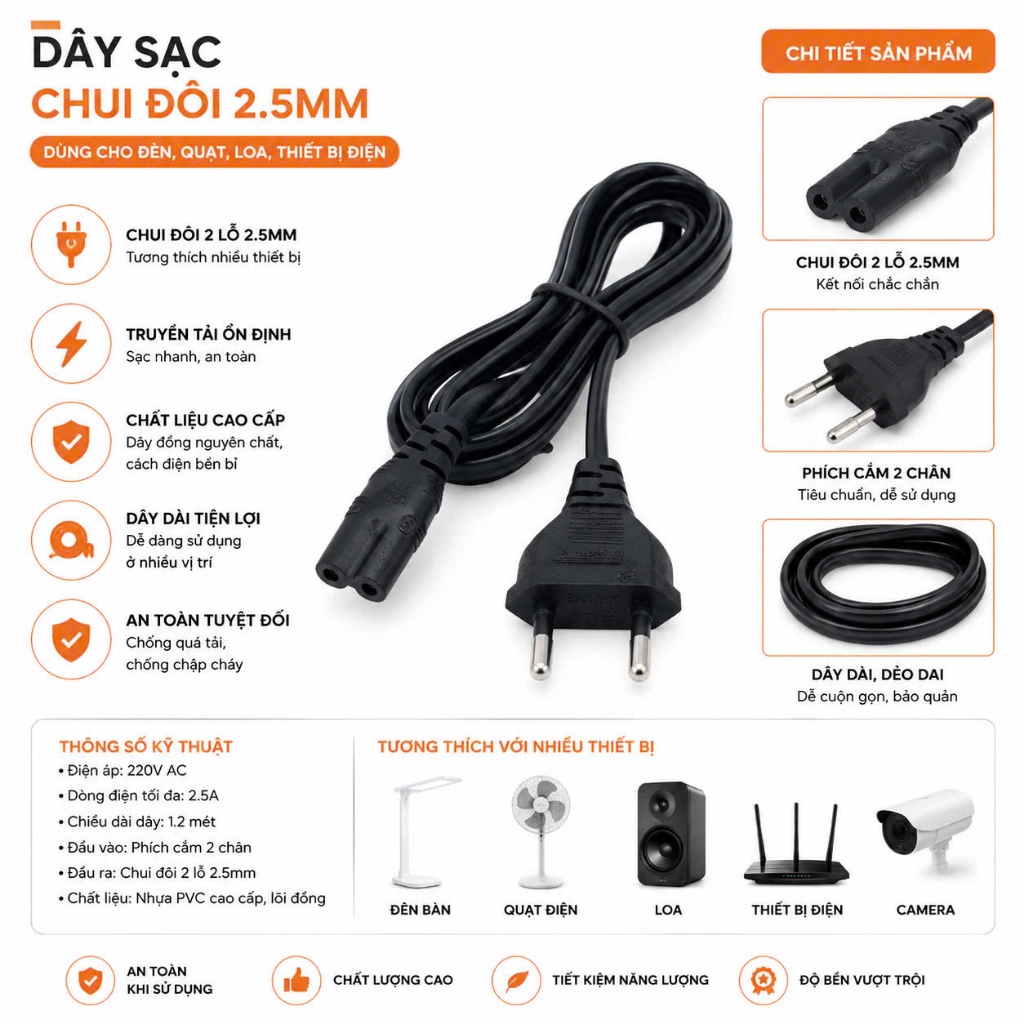 Dây cắm điện chui đôi DC 2.5mm