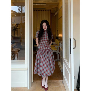 Le rouge | Ruffle retro skirt Chân váy xếp li kẻ caro retro Âu Mỹ