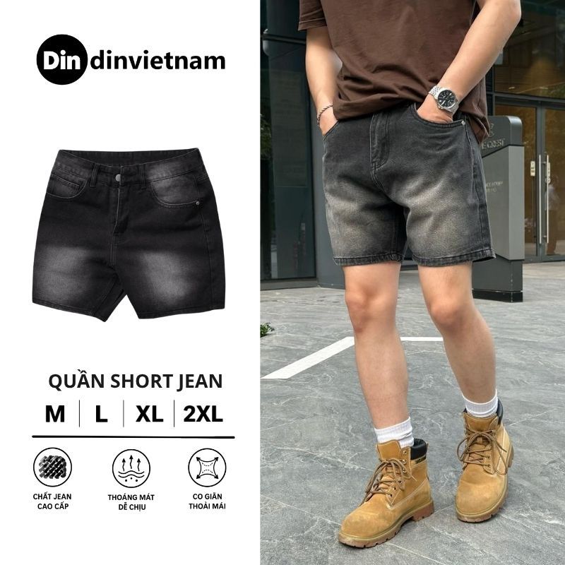 Quần Short Jean Nam DIN, Quần Bò Đen Bạc Form Trên Gối, Chất Dày Vừa Không Phai Màu Dễ Phối JD818