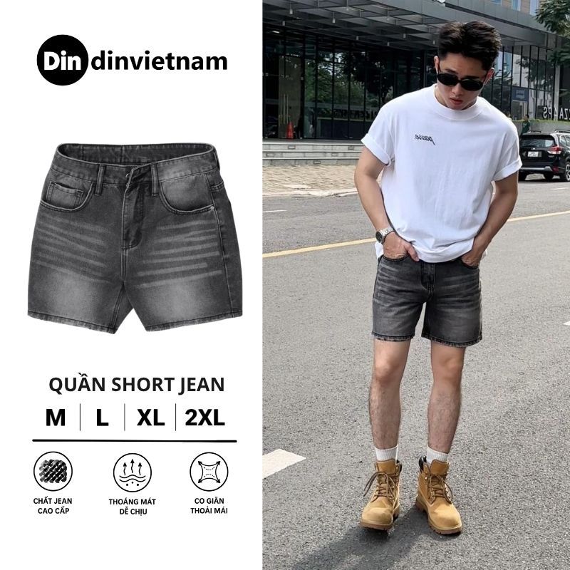Quần Short Jean Nam DIN Thêu, Quần Xám Bạc Nam Tính Form Trên Gối Thoải Mái, Phong Cách Street Wall Cá Tính JD443