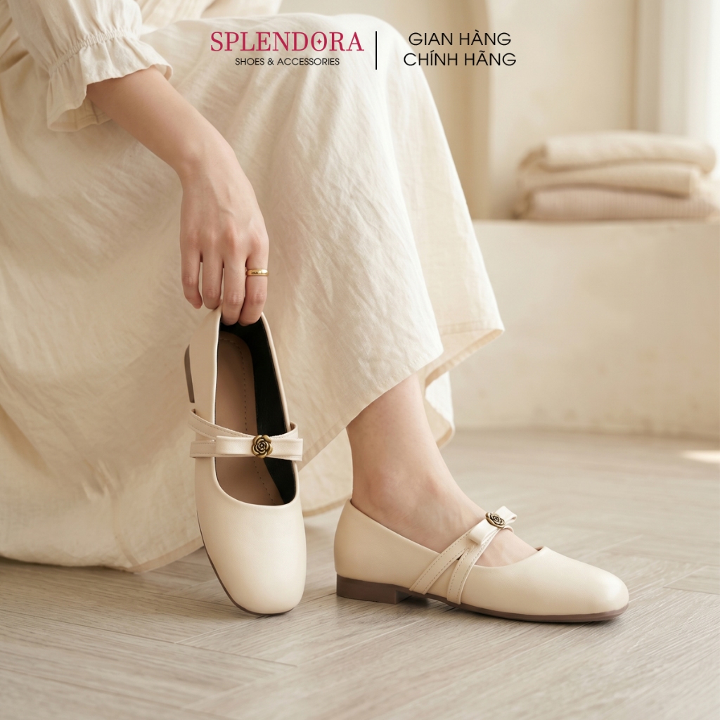Giày Búp Bê SPLENDORA Đế Bệt Mũi Tròn Đính Hoa Trà Sang Trọng - B2