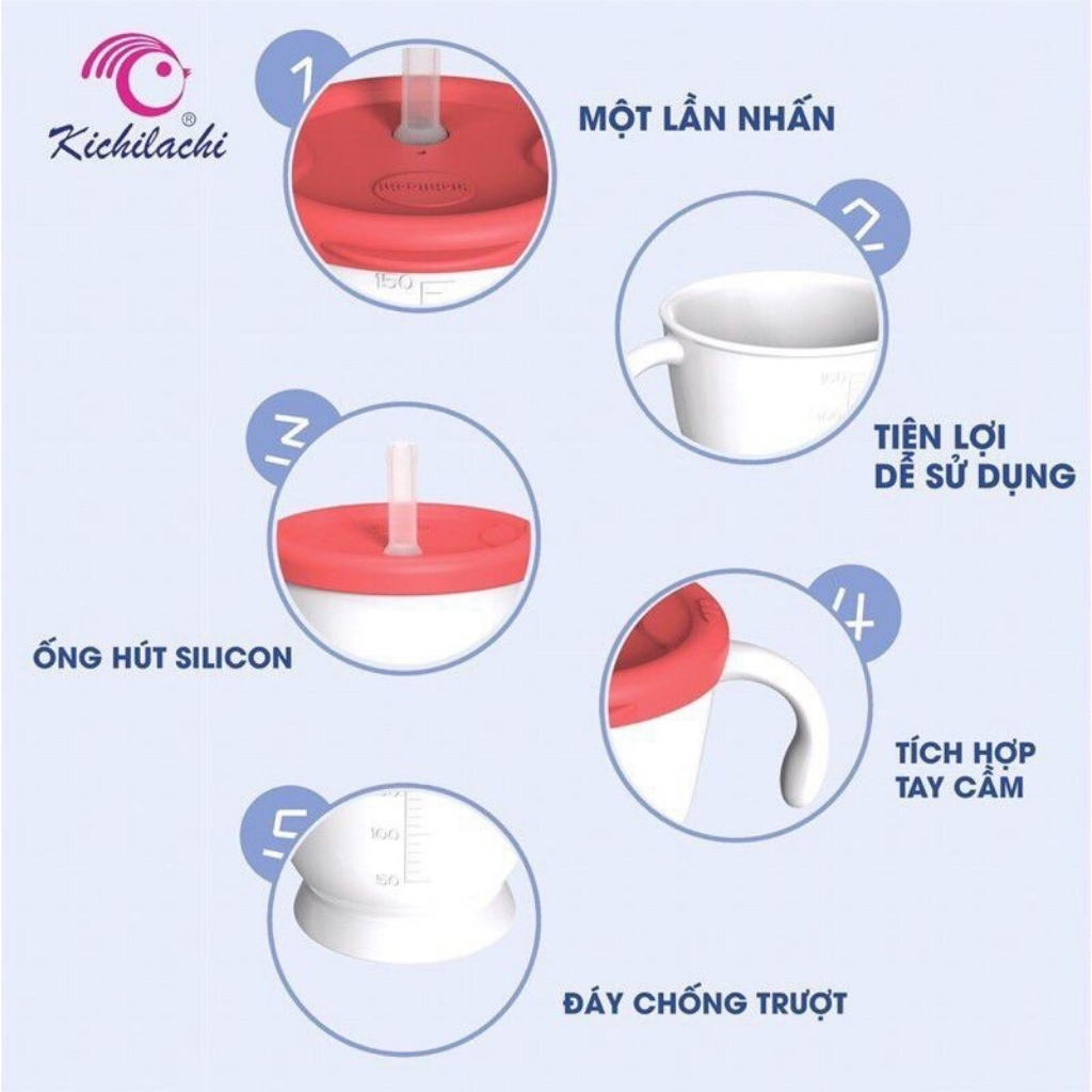 Cốc tập hút 3 giai đoạn cho bé Kichilachi có vạch chia 150ml, có nắp uống trực tiếp