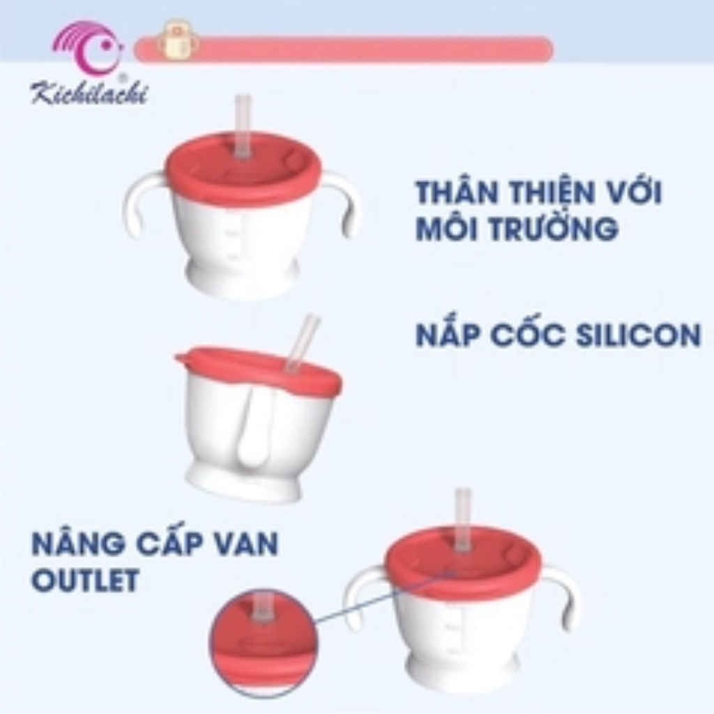 Cốc tập hút 3 giai đoạn cho bé Kichilachi có vạch chia 150ml, có nắp uống trực tiếp