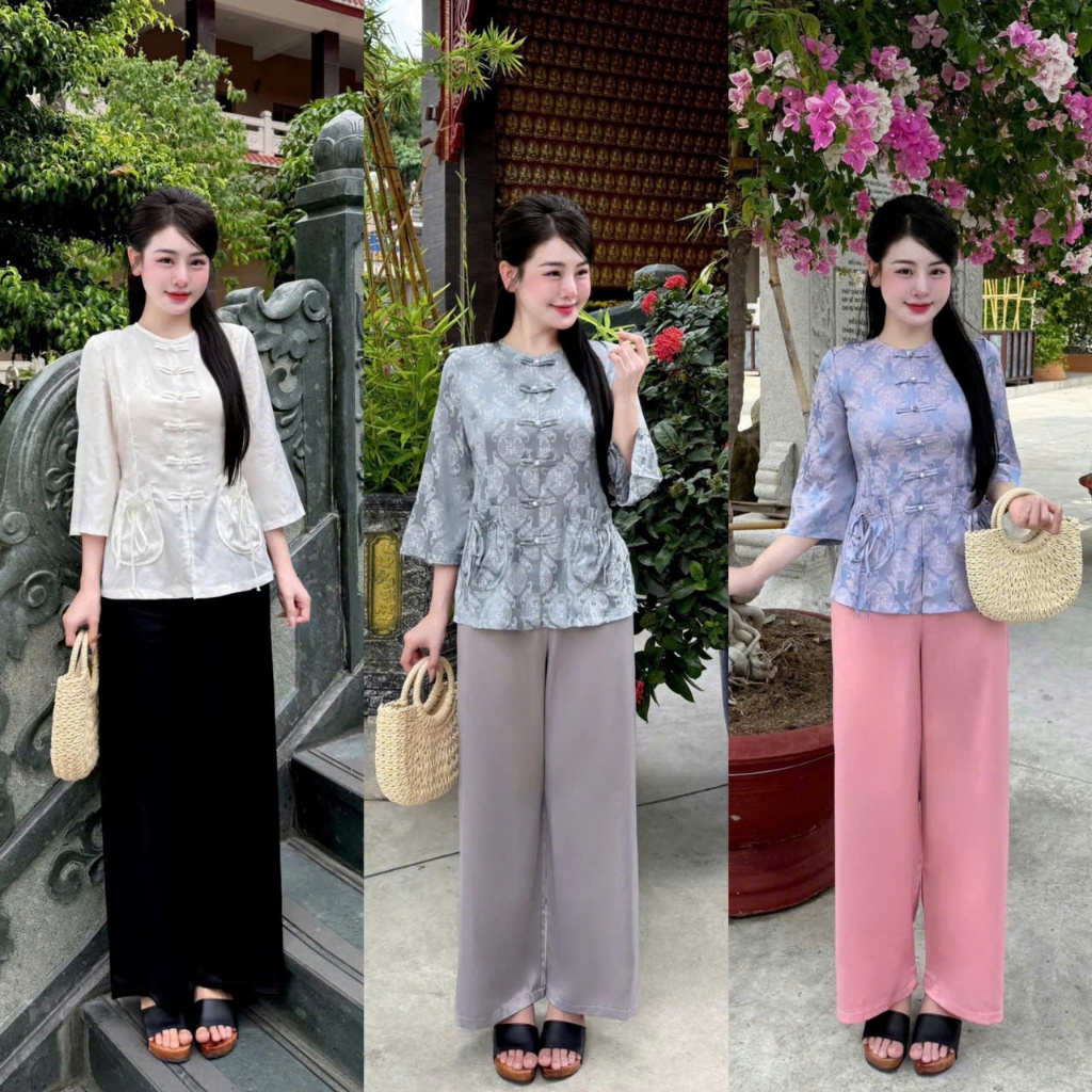 Đồ lam đi chùa nữ bộ pháp phục cổ tròn túi tiền lụa gấm chữ thọ siêu xinh sang trọng tinh tế phù hợp đi lễ chùa