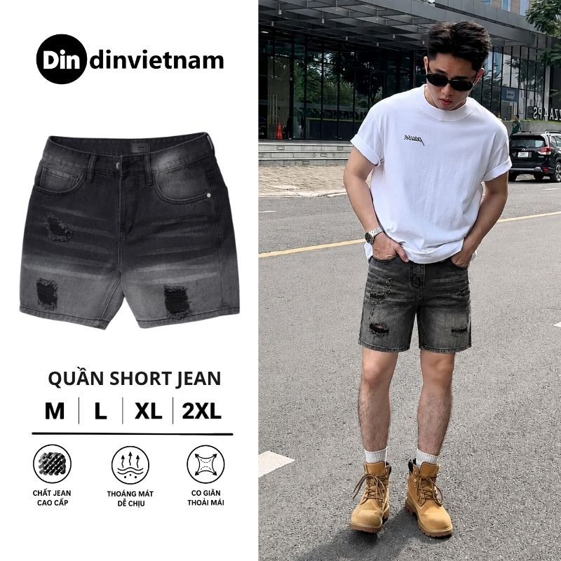 Quần Short Jean Nam DIN - Quần Bò Đen Basic Thoải Mái, Không Phai Màu Dễ Phối Đồ, Phong Cách Bụi Street Wall JD889