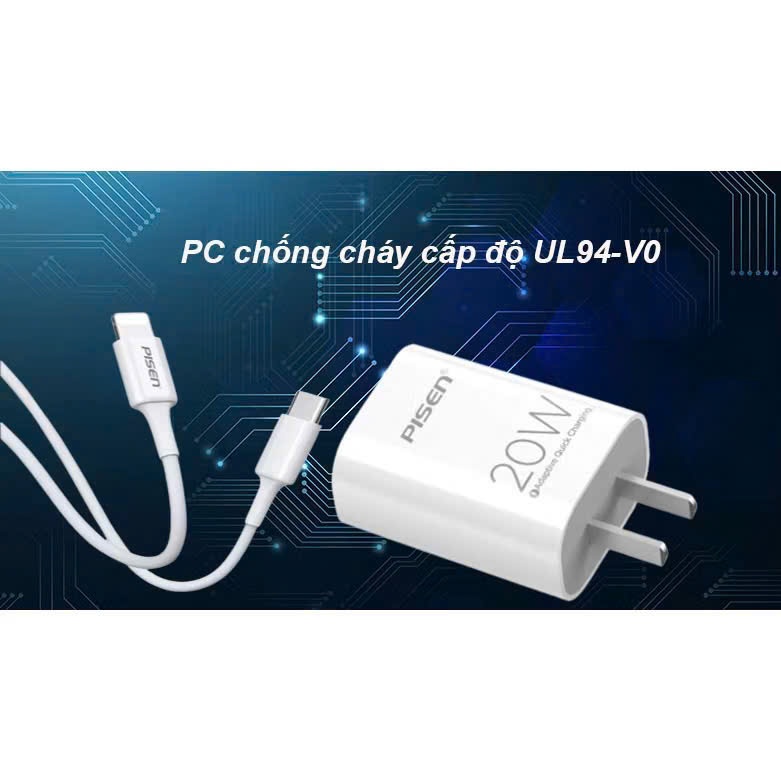 Bộ Sạc PISEN 20W PD Fast Charging Cổng USB-C  Kèm Cáp Sạc i.P Type-C light Chính Hãng