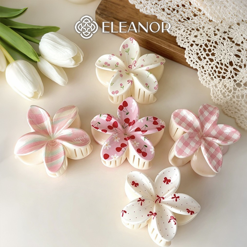 Kẹp hoa sứ càng cua Eleanor Accessories họa tiết caro cherry nơ hồng đáng yêu phụ kiện tóc 11882