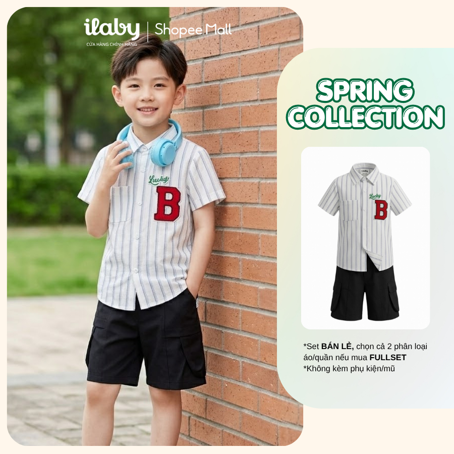 [ILABY 10-40kg] Mix set bộ hè bé trai, áo sơ mi thêu chữ và quần đùi thoáng mát [3875+3894]