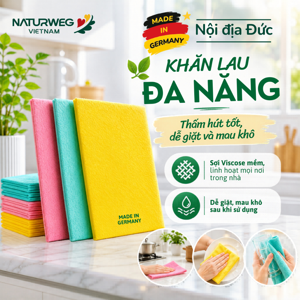 Khăn Lau Bếp Đức MEIKO Viscose Sợi Gỗ, Siêu Thấm Nước, Dễ Giặt, Nhanh Khô, Không Hôi Nhớt, 38x38cm