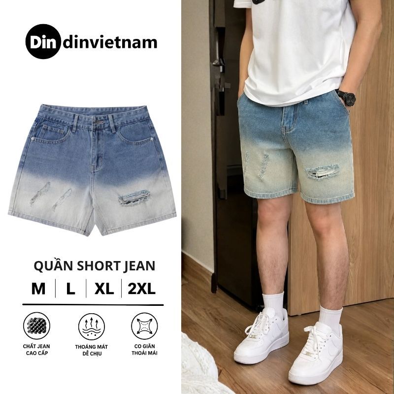 Quần Short Jean Nam DIN, Quần Đùi Xanh Rách Nhẹ Form Trên Gối, Thoải Mái Dễ Mặc, Phong Cách Streetwear Cá Tính JD68