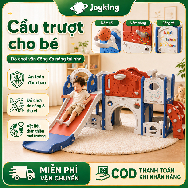 Cầu Trượt Cho Bé - Đồ Chơi Đa Năng Kèm Xích Đu Ném Rổ Nhựa HDPE An Toàn Tuyệt Đối Chống Nghiêng Tải Trọng 120kg