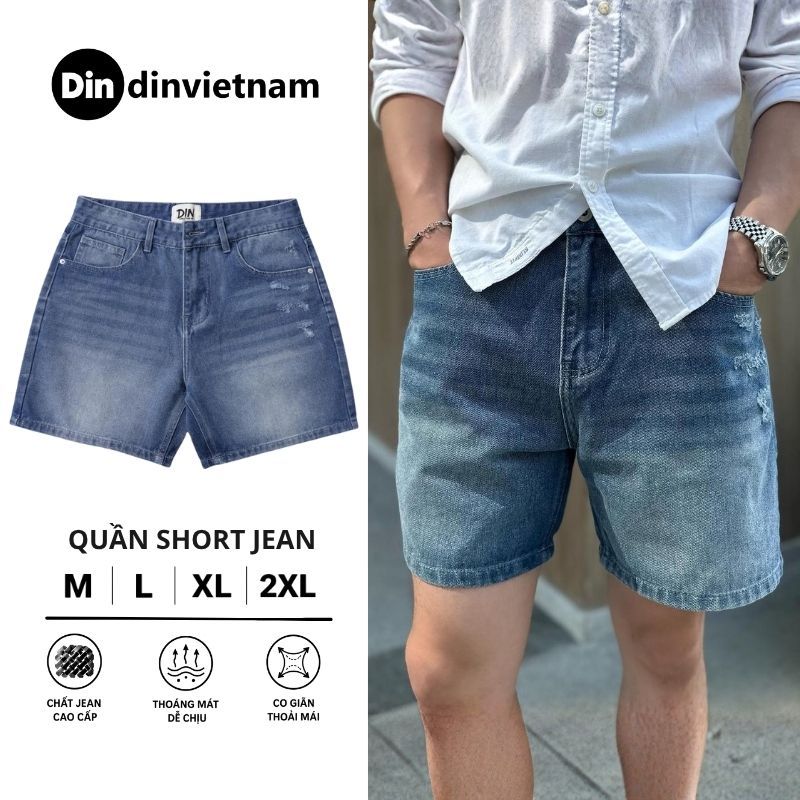 Quần Short Đùi Jean Nam DIN, Quần Bò Xanh Form Trên Gối Thoải Mái Dễ Mặc, Phong Cách Streetwear Cá Tính JD69