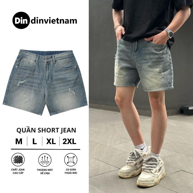 Quần Short Jean Nam DIN, Quần Xanh Form Trên Gối Rách Nhẹ, Không Phai Dễ Phối Đồ, Đa Dạng Phong Cách JD67