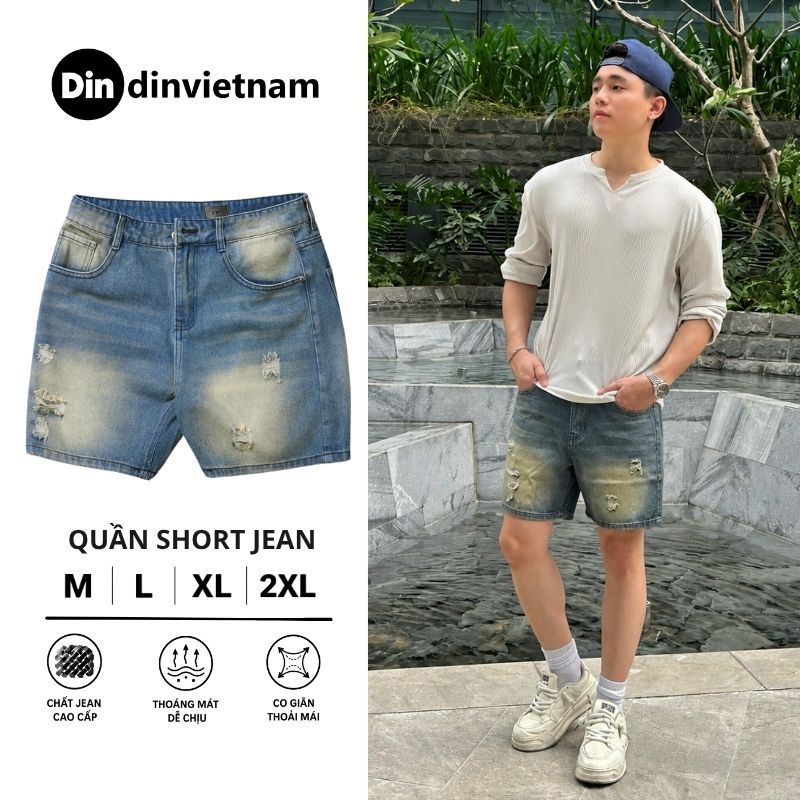 Quần Short Jean Nam DIN, Quần Xanh Đậm Vàng Form Trên Gối Rách Nhẹ, Phối Đồ Dễ, Phong Cách Streetwear Năng Động R2212