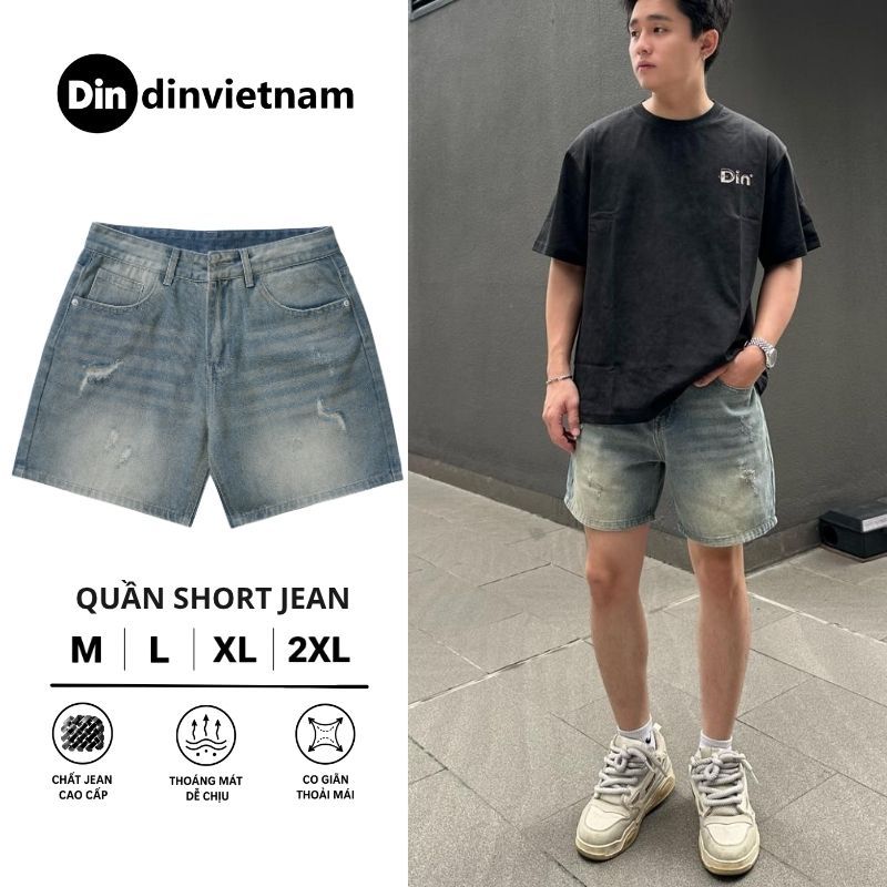 Quần Short Jean Nam DIN, Quần Xanh Form Trên Gối, Rách Nhẹ Cá Tính Dễ Phối Đồ, Phong Cách Streetwear Trẻ Trung JD67