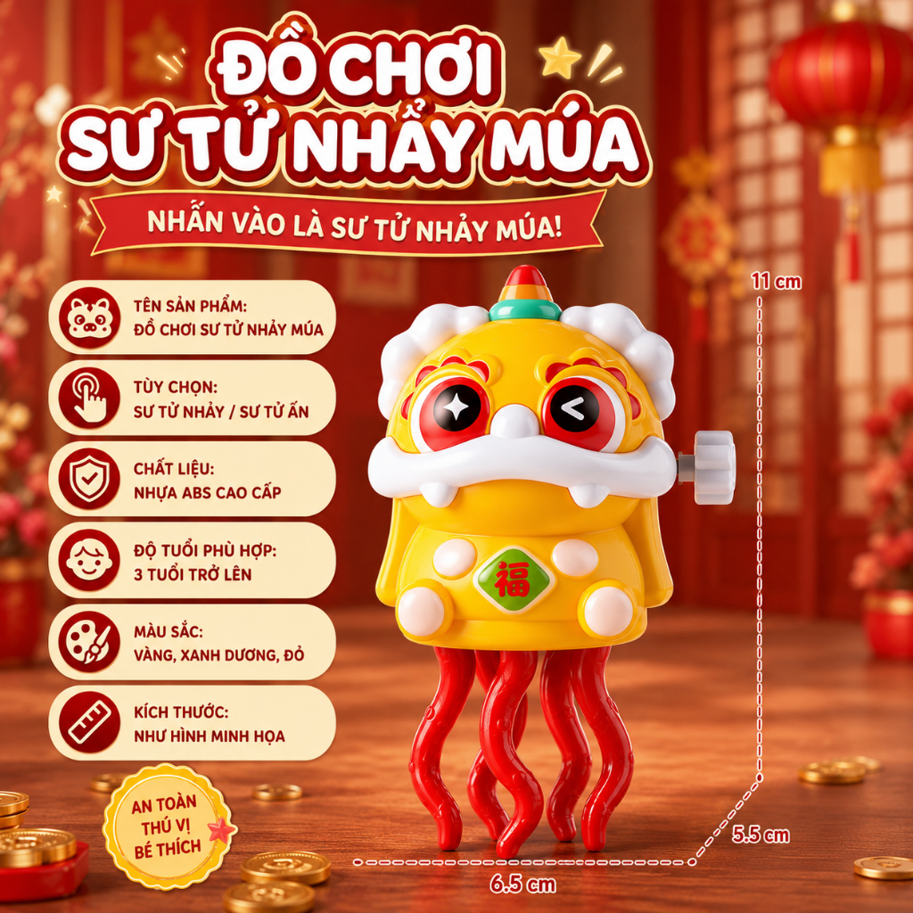 Đồ Chơi Sư Tử Múa Lân Lên Dây Cót Cho Bé – Mô Hình Nhảy Múa Vui Nhộn, Tự Di Chuyển