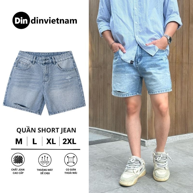 Quần Short Jean Nam DIN, Quần Bò Form Rộng Wash Xanh Chất Cotton Mềm Mịn, Dễ Mặc Dễ Phối Không Phai Màu JD749
