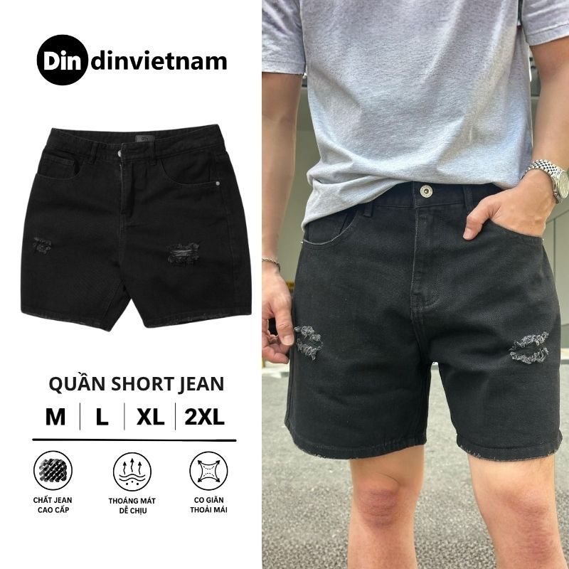 Quần Short Jean Nam DIN, Quần Bò Đen Rách Nhỏ Form Trên Gối, Chất Cotton Thoải Mái Dễ Phối Đồ JD388