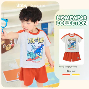 [ILABY 10-40kg] Quần áo mùa hè cho bé trai, đồ bộ cộc tay cotton khủng long lướt sóng [3914]