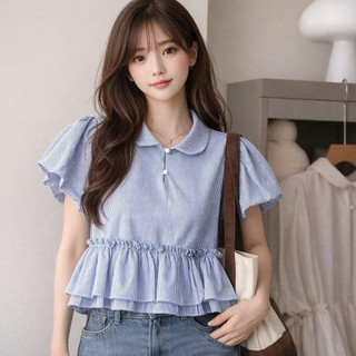 ( ÁO XINH DIỆN HÈ ) Áo babydoll kẻ sọc cổ bẻ dễ thương dành cho nữ