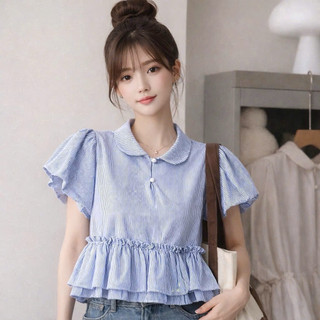 ( ÁO XINH DIỆN HÈ ) Áo babydoll kẻ sọc cổ bẻ dễ thương dành cho nữ